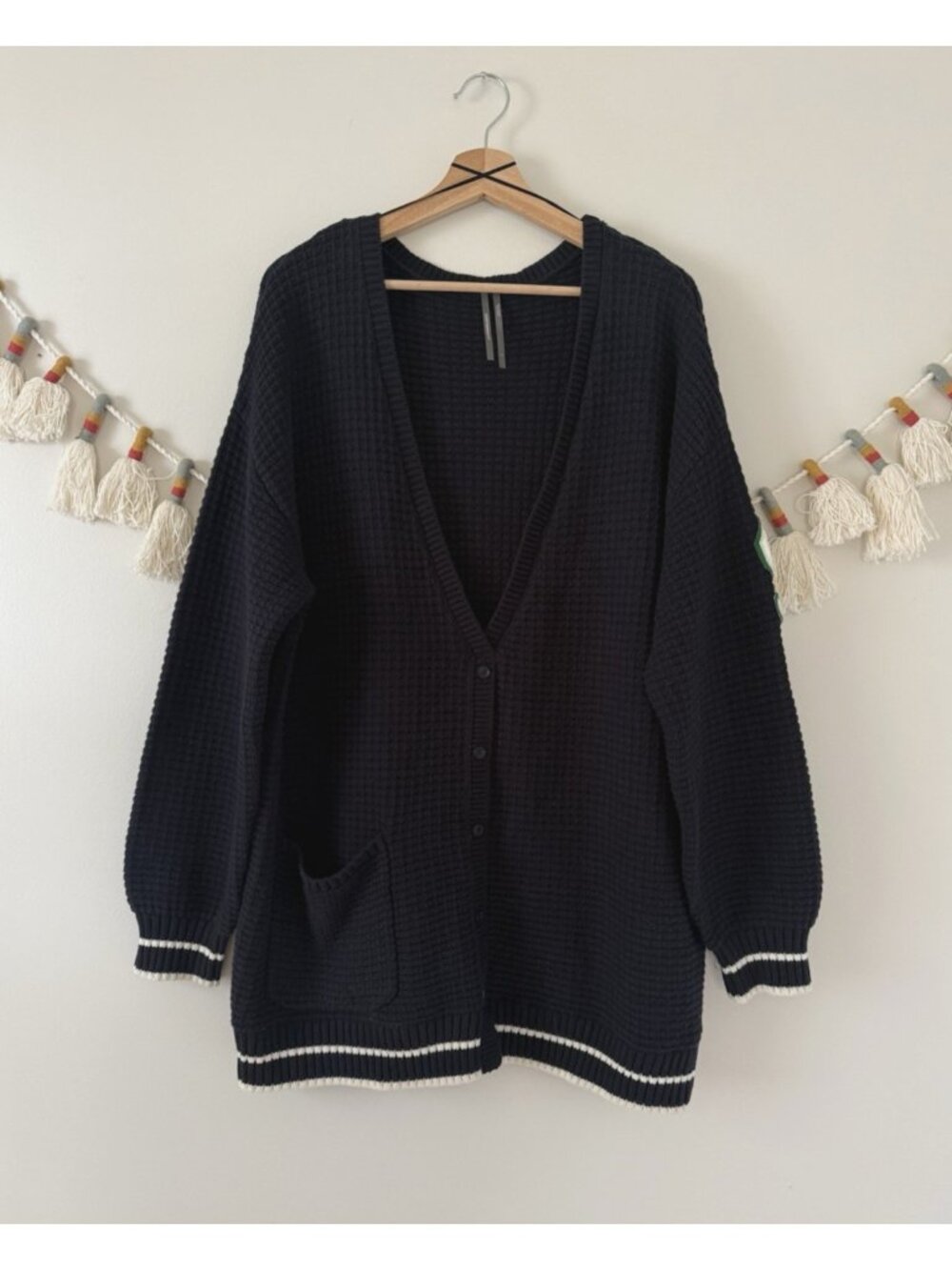 By Anthropologie Varsity Waffle Knit Longline V-neck Cardigan Navy Preppy Retro